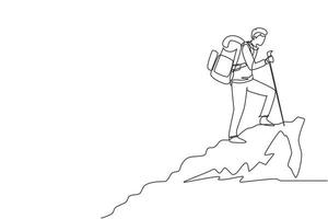 Single continuous line drawing young hiker with backpack on top of mountain. Trekking man simple sketch, Outdoor activity. Happy hikers, tourists or climbers. One line draw design vector illustration