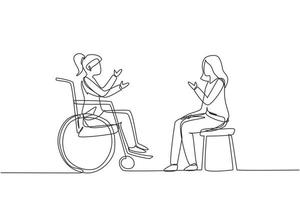 Single one line drawing two people sitting chatting, one using chair and one using wheelchair. Friendly woman are talking to each other, human disabled society. Continuous line draw design vector