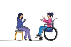 dibujo de una sola línea de dos personas sentadas charlando, una usando una silla y otra usando una silla de ruedas. las mujeres amistosas se hablan entre sí, la sociedad humana discapacitada. vector de diseño de dibujo de línea continua