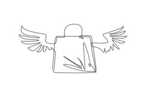 Single one line drawing shopping paper bag with wings. Flat icon isolated. Fast delivery. Stylish package for purchase. Holiday sales, discount. Continuous line draw design graphic vector illustration