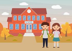 Children go back to school to study. Two schoolchildren, a boy and a girl, walk to school holding hands. Two children against the backdrop of the school and the autumn landscape. vector