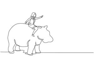 Single continuous line drawing businesswoman riding hippopotamus symbol of success. Business metaphor concept, looking at goal, achievement, leadership. One line graphic design vector illustration