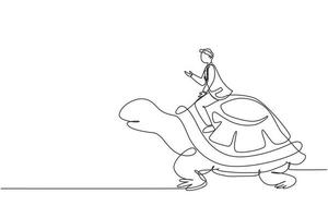 Continuous one line drawing businessman riding huge turtle. Slow movement to success, manager driving giant tortoise. Business competition concept. Single line draw design vector graphic illustration