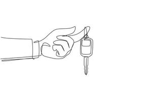 Single one line drawing hand holding hanging car key and alarm system. Hand holding car key with alarm keychain. Hand of car salesman manager holding key. Continuous line draw design graphic vector