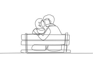 Continuous one line drawing back view Arabian couple kissing sitting on bench in park romantic scenery. Happiness guy and girl relationship in love. Single line draw design vector graphic illustration