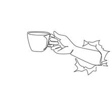 Single continuous line drawing right man's hand hold white cup with coffee or tea. Torn hole in white paper, copy space. Concept of lunch break at work, lunch. One line draw design vector illustration