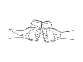 Single continuous line drawing couple is toasting with aluminum can and drink soda. Close-up cropped view of two human hands holding can and toast. One line draw graphic design vector illustration