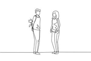 Continuous one line drawing man holding flowers behind his back and standing in front of woman. Happy boy giving rose flower to girl. Young man and woman met for dating. Single line draw design vector