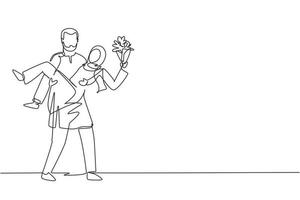 Single continuous line drawing Arabian man holding a woman and making marriage proposal with bouquet. Boy in love giving flowers. Couple getting ready for wedding. One line draw graphic design vector