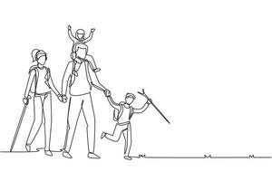 Single continuous line drawing happy family is hiking in the forest. Father, mother and children hiking and camping with backpack at nature. Dynamic one line draw graphic design vector illustration