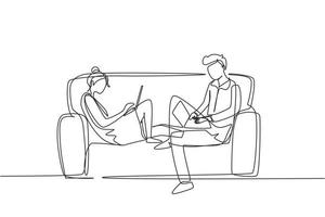 Single continuous line drawing young couple using laptop on sofa and obsessed with devices gadgets, people internet technology addiction concept. One line draw graphic design vector illustration