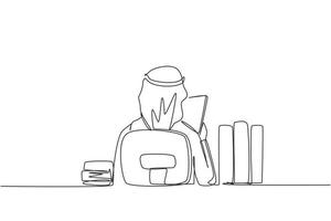 Single continuous line drawing back view of young Arabic man sitting at desk and reading book, student studying hard, preparing before exam with pile of books. One line draw design vector illustration