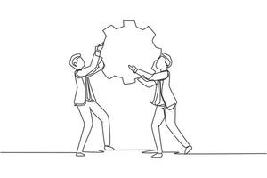 Continuous one line drawing two business men hold cogwheel work together ponder think strategy concept. Businessmen lifting gear. Collaboration. Single line draw design vector graphic illustration