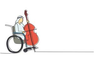 Single one line drawing young Arab man sitting in wheelchair plays cello in concert. Disability and classical music. Physically disabled. Person in hospital. Continuous line draw design graphic vector