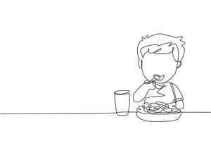 niño de dibujo de una sola línea comiendo comida saludable para el desayuno por la mañana. niño feliz come comida deliciosa con leche en casa. colegial disfrutando del plato. ilustración de vector gráfico de diseño de dibujo de línea continua