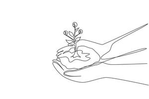 Single one line drawing hand holding sprout a money tree in nature green forest. Businessman hand hold growing money tree. Investment concept. Continuous line draw design graphic vector illustration