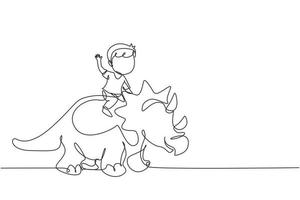 Single one line drawing little boy caveman riding triceratops. Young kid sitting on back of dinosaur. Stone age children. Ancient human life. Continuous line draw design graphic vector illustration