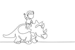 Single one line drawing little boy caveman riding triceratops. Young kid sitting on back of dinosaur. Stone age children. Ancient human life. Continuous line draw design graphic vector illustration