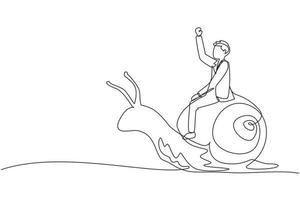 Single one line drawing businessman rides snail. Weak competitor. Ineffective manager, bad solution. Slow business progress, laziness. Modern continuous line draw design graphic vector illustration