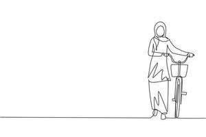 Single continuous line drawing walking young Arab female with bicycles. Happy woman take walk with bicycle at city road. Healthy lifestyle of urban people. Dynamic one line draw graphic design vector