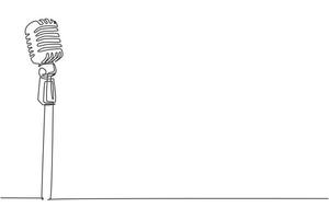 Single one line drawing vintage retro stage microphone. Old technology stand microphone concept for comedian at standup comedy show. Modern continuous line draw design graphic vector illustration