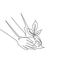 Single one line drawing planting young tree by kid hand on back soil as care and save world concept. Growing seedling forester planting. Modern continuous line draw design graphic vector illustration