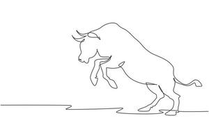 Single one line drawing Aggression wild bull attack. The bull is full of energy. Big buffalo stands up before run. Angry bull at rodeo arena. Continuous line draw design graphic vector illustration