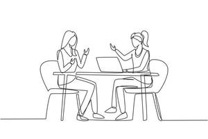 Single one line drawing TV show with guest. Female celebrity giving interview to television presenter in studio, journalist asking famous woman host. Continuous line draw design vector illustration