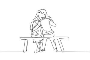 Single one line drawing embracing couple sitting on bench. Happy family concept. Couple in relationship in love. Happy man hugging his partner woman.. Modern continuous line draw design graphic vector