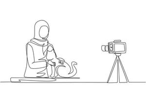 Una sola línea continua dibujando un blogger veterinario árabe sentado frente a la cámara con gatos y grabando un blog de video sobre animales. psicólogo del zoológico creando contenido para vlog vector de diseño de dibujo de una línea