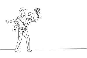 Single one line drawing man holding a woman and making marriage proposal with bouquet. Boy in love giving flowers. Happy couple getting ready for wedding. Continuous line draw design graphic vector