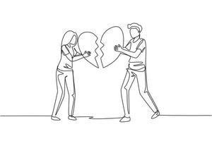 Single one line drawing heartbroken couple parting, divorce. Sad young man and woman trying to put together parts of broken heart. Modern continuous line draw design graphic vector illustration