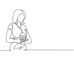 Continuous one line drawing young happy woman is drinking a plastic cup of bubble milk tea. Female enjoy bubble milk tea with street food in night market. Single line draw design vector illustration