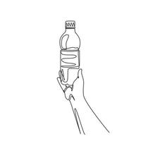 Single continuous line drawing man squeezes in his hand an empty plastic bottle on white background. Plastic problem and failure or disposal and recycling. One line draw design vector illustration