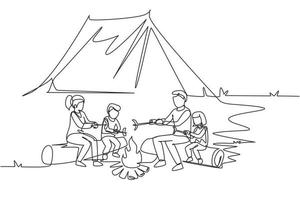 Continuous one line drawing happy family sit by campfire. Cheerful tourists, campers. Mom dad and kids roast sausage. Night camping adventure trip. Single line draw design vector graphic illustration