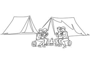 Single continuous line drawing happy two pair man and woman getting warm near campfire. Group of people camping drinking tea sitting on logs in forest. One line draw graphic design vector illustration