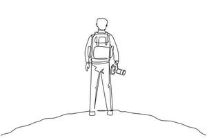 Single continuous line drawing back view man holding camera standing on cliff of mountain in forest landscape view with sunset. Young tourist photographer. One line draw design vector illustration