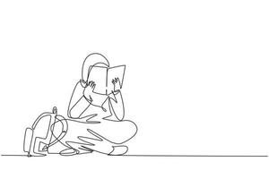dibujo de una sola línea feliz joven mujer árabe leyendo un libro sentado en el suelo. lectora inteligente que disfruta de la literatura, estudia y se prepara para el examen. ilustración de vector de diseño de dibujo de línea continua