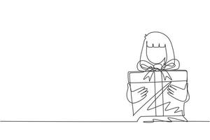 Single one line drawing cute girl holding big ribbon bow wrapped gift box in front of her in arms. Little girl carries holiday gift with big red bow in her hands. Continuous line draw design vector