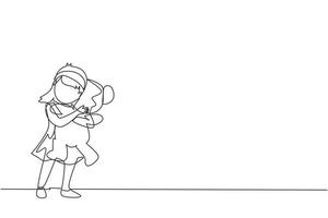 Single one line drawing cute little girl standing and hugging teddy bear. Portrait of expressive kid hugging her plush bear friend. Little girl playing. Continuous line draw design vector illustration