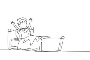 un solo dibujo de una línea niño pequeño despierto y todavía bostezando, todavía acostado en la cama debajo de la manta. niño soñoliento en la cama a última hora de la mañana del fin de semana. ilustración de vector gráfico de diseño de dibujo de línea continua