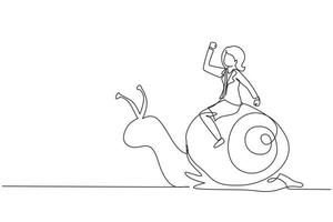 Single one line drawing businesswoman rides snail. Weak competitor. Ineffective manager, bad solution. Slow business progress, laziness. Modern continuous line draw design graphic vector illustration