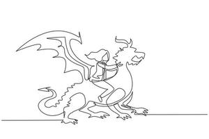 Single one line drawing businesswoman riding dragon. Conquering adversity, courage, victory, leadership in business. Professional entrepreneur. Continuous line draw design graphic vector illustration