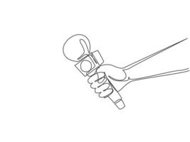 Continuous one line drawing visual on global news, journalism, live press report or interview with hand holding microphone and abstract media icons and symbols. Single line draw design vector graphic
