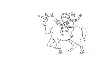 Single continuous line drawing happy cute boy and girl riding cute unicorn together. Children sitting on back unicorn in fairy tale dream. Kids learning to ride unicorn. One line draw graphic vector