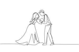 Single one line drawing man and woman kissing with holding heart shape and wearing wedding dress. Kissing married couple of lovers. Romantic couple in love. Continuous line draw design graphic vector