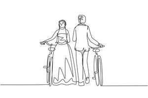 Single continuous line drawing rear view man and woman wearing wedding dress walking together with bicycle. Boy and girl in love. Happy romantic married couple. One line draw graphic design vector