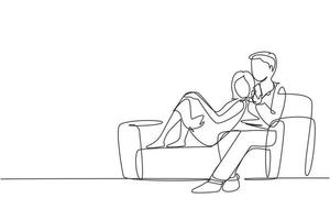 Continuous one line drawing happy man woman couple sitting and hugging on sofa together. Happy man and woman relaxing in living room. People spending free time. Single line draw design vector graphic