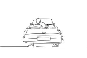 Continuous one line drawing back view loving couple sitting and hugging in convertible car. Man woman getting ready for wedding. Engagement and love relations. Single line draw design vector graphic