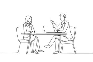 Continuous one line drawing interview. Live stream, tv show camera crew. Journalist talking to guest. Broadcaster news at tv studio, vlogging. Single line draw design vector graphic illustration